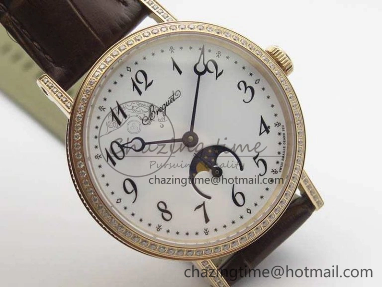 BG 9087BB Moonphase RG 1:1 Best Edition White Dial Diamond Bezel On Brown Leather Strap Cal.770