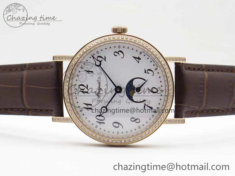 BG 9087BB Moonphase RG 1:1 Best Edition White Dial Diamond Bezel On Brown Leather Strap Cal.770