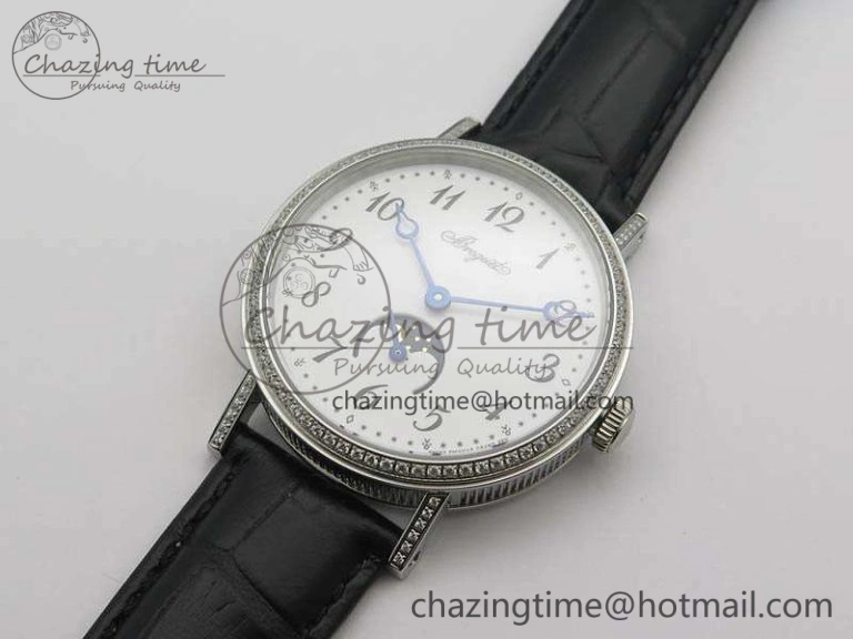 BG 9087BB Moonphase SS 1:1 Best Edition White Dial Diamond Bezel On Black Leather Strap Cal.770