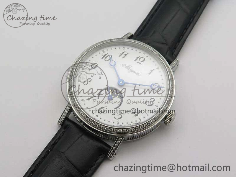 BG 9087BB Moonphase SS 1:1 Best Edition White Dial Diamond Bezel On Black Leather Strap Cal.770