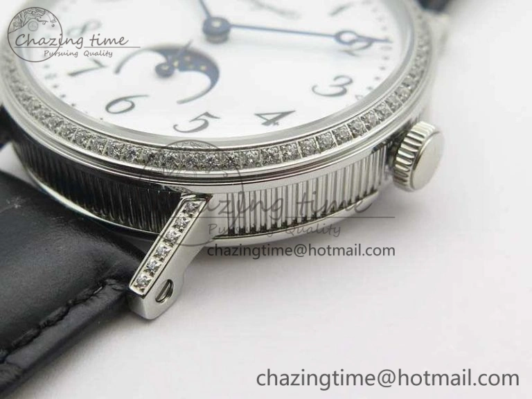 BG 9087BB Moonphase SS 1:1 Best Edition White Dial Diamond Bezel On Black Leather Strap Cal.770