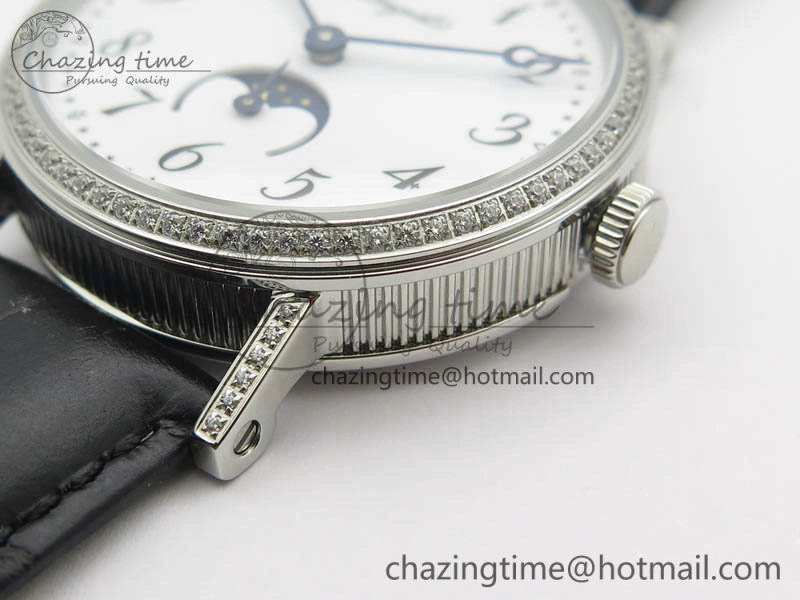 BG 9087BB Moonphase SS 1:1 Best Edition White Dial Diamond Bezel On Black Leather Strap Cal.770