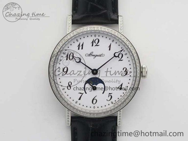 BG 9087BB Moonphase SS 1:1 Best Edition White Dial Diamond Bezel On Black Leather Strap Cal.770