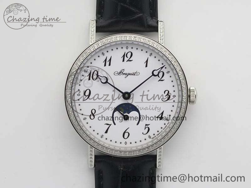 BG 9087BB Moonphase SS 1:1 Best Edition White Dial Diamond Bezel On Black Leather Strap Cal.770