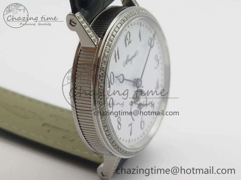 BG 9087BB Moonphase SS 1:1 Best Edition White Dial Diamond Bezel On Black Leather Strap Cal.770