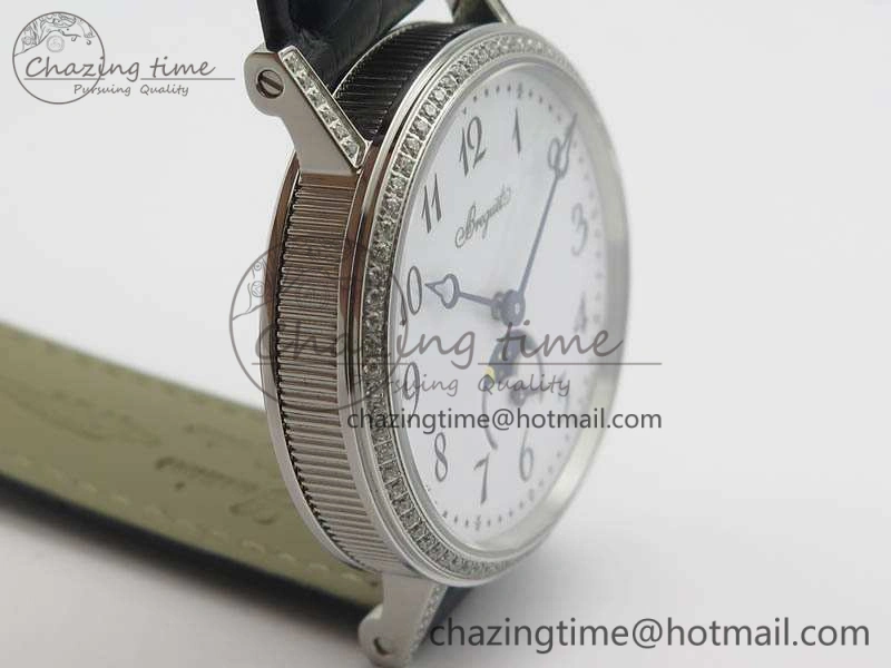 BG 9087BB Moonphase SS 1:1 Best Edition White Dial Diamond Bezel On Black Leather Strap Cal.770