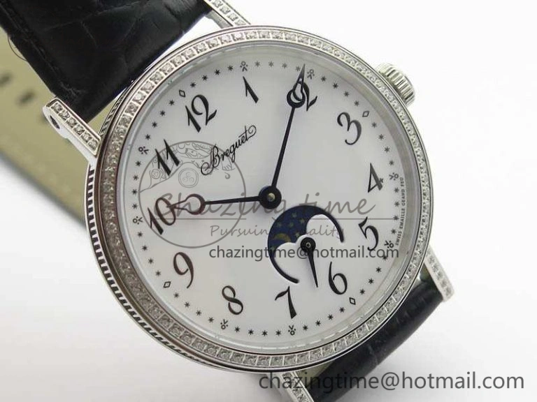 BG 9087BB Moonphase SS 1:1 Best Edition White Dial Diamond Bezel On Black Leather Strap Cal.770