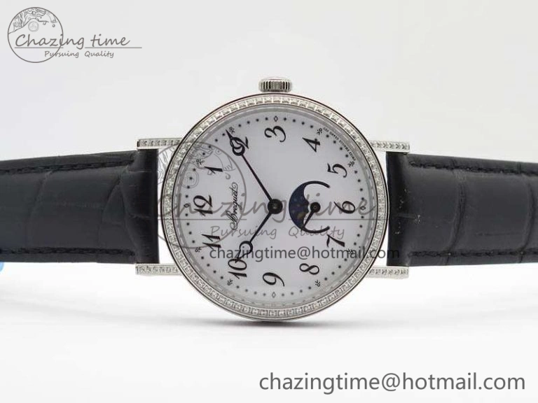 BG 9087BB Moonphase SS 1:1 Best Edition White Dial Diamond Bezel On Black Leather Strap Cal.770