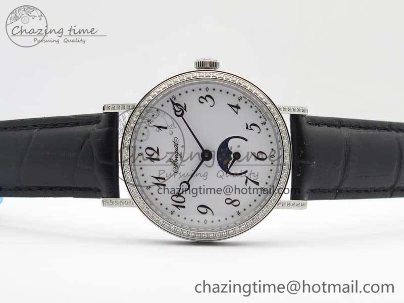 BG 9087BB Moonphase SS 1:1 Best Edition White Dial Diamond Bezel On Black Leather Strap Cal.770