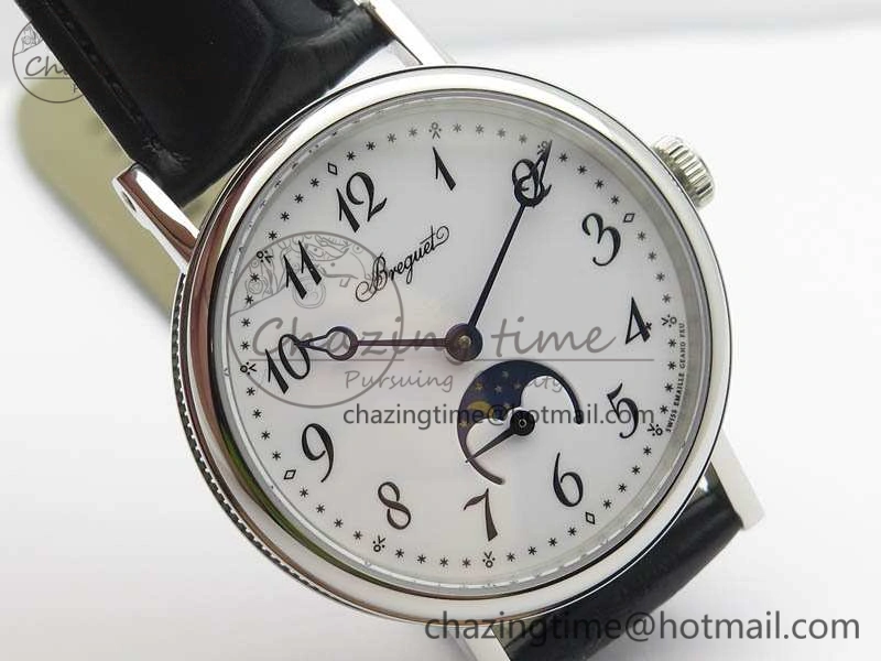 BG 9087BB Moonphase SS 1:1 Best Edition White Dial On Black Leather Strap Cal.770