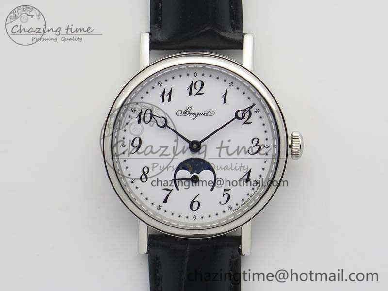 BG 9087BB Moonphase SS 1:1 Best Edition White Dial On Black Leather Strap Cal.770
