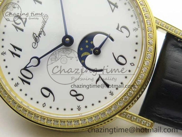 BG 9087BB Moonphase YG 1:1 Best Edition White Dial Diamond Bezel On Black Leather Strap Cal.770