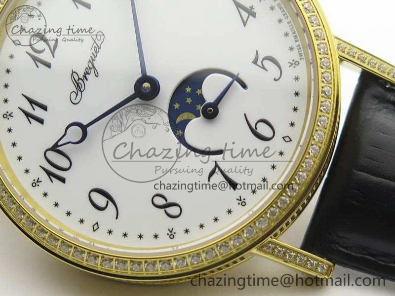 BG 9087BB Moonphase YG 1:1 Best Edition White Dial Diamond Bezel On Black Leather Strap Cal.770