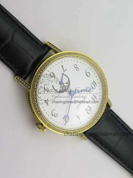 BG 9087BB Moonphase YG 1:1 Best Edition White Dial Diamond Bezel On Black Leather Strap Cal.770