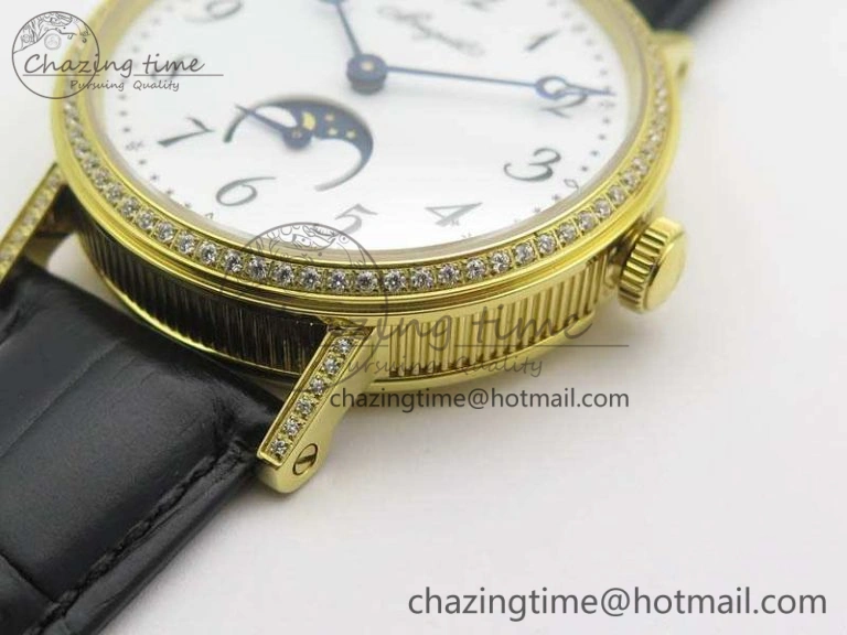 BG 9087BB Moonphase YG 1:1 Best Edition White Dial Diamond Bezel On Black Leather Strap Cal.770