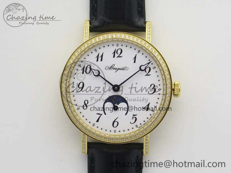 BG 9087BB Moonphase YG 1:1 Best Edition White Dial Diamond Bezel On Black Leather Strap Cal.770