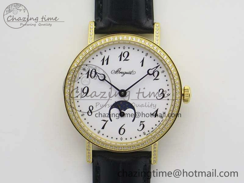 BG 9087BB Moonphase YG 1:1 Best Edition White Dial Diamond Bezel On Black Leather Strap Cal.770
