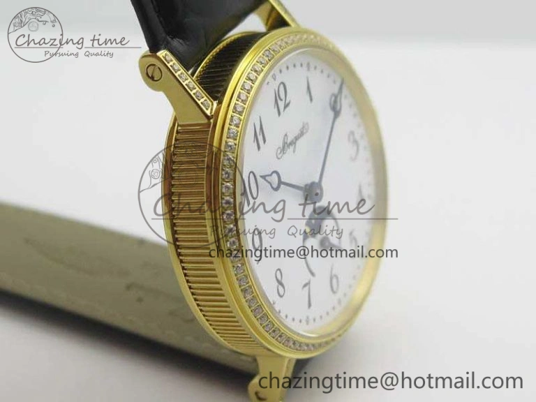 BG 9087BB Moonphase YG 1:1 Best Edition White Dial Diamond Bezel On Black Leather Strap Cal.770