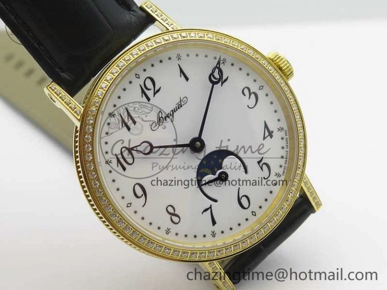 BG 9087BB Moonphase YG 1:1 Best Edition White Dial Diamond Bezel On Black Leather Strap Cal.770