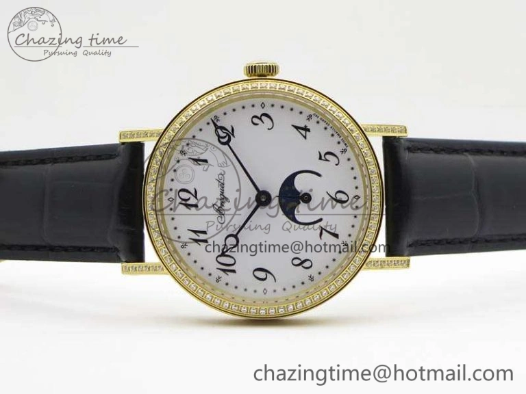 BG 9087BB Moonphase YG 1:1 Best Edition White Dial Diamond Bezel On Black Leather Strap Cal.770