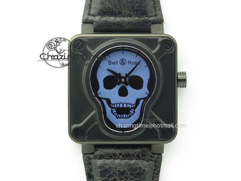 BR 01-92 Airborne Skull PVD Blue Dial On Black Leather Strap MIYOTA 9015 (Free Rubber Strap)