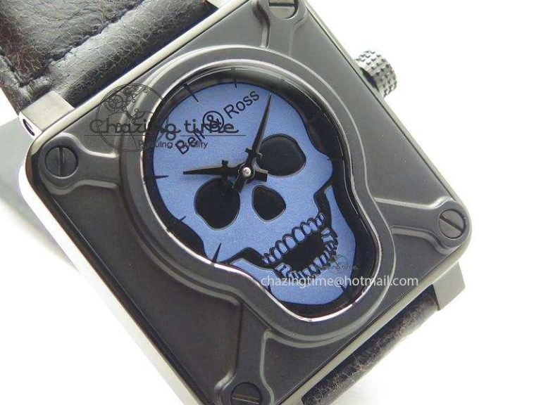 BR 01-92 Airborne Skull PVD Blue Dial On Black Leather Strap MIYOTA 9015 (Free Rubber Strap)
