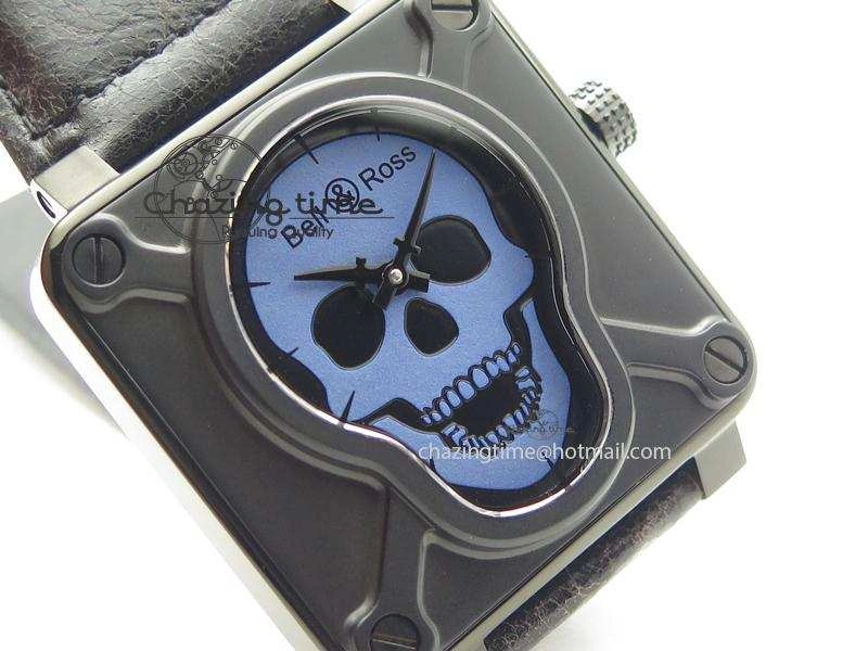 BR 01-92 Airborne Skull PVD Blue Dial On Black Leather Strap MIYOTA 9015 (Free Rubber Strap)