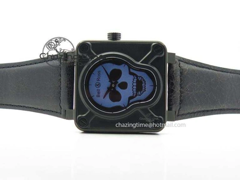 BR 01-92 Airborne Skull PVD Blue Dial On Black Leather Strap MIYOTA 9015 (Free Rubber Strap)