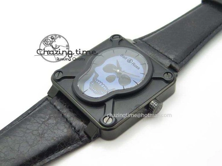 BR 01-92 Airborne Skull PVD Blue Dial On Black Leather Strap MIYOTA 9015 (Free Rubber Strap)