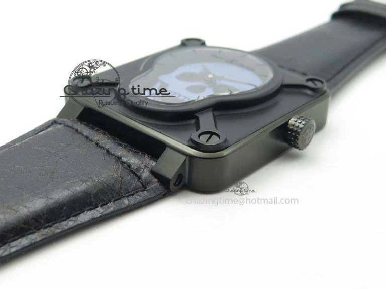 BR 01-92 Airborne Skull PVD Blue Dial On Black Leather Strap MIYOTA 9015 (Free Rubber Strap)