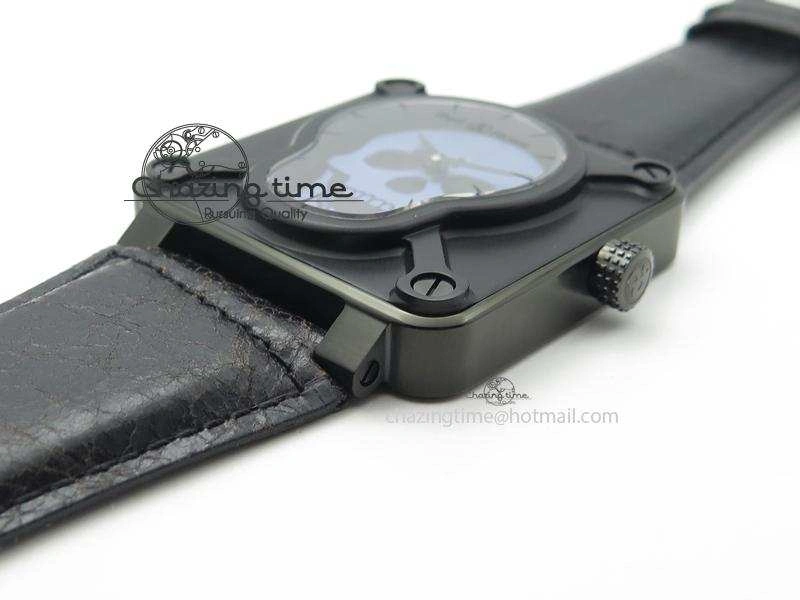 BR 01-92 Airborne Skull PVD Blue Dial On Black Leather Strap MIYOTA 9015 (Free Rubber Strap)