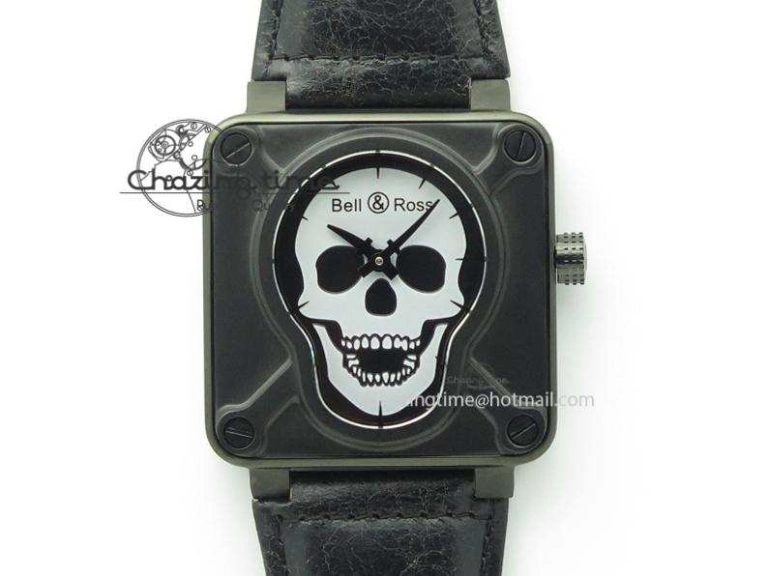 BR 01-92 Airborne Skull PVD Grey Dial On Black Leather Strap MIYOTA 9015 (Free Rubber Strap)