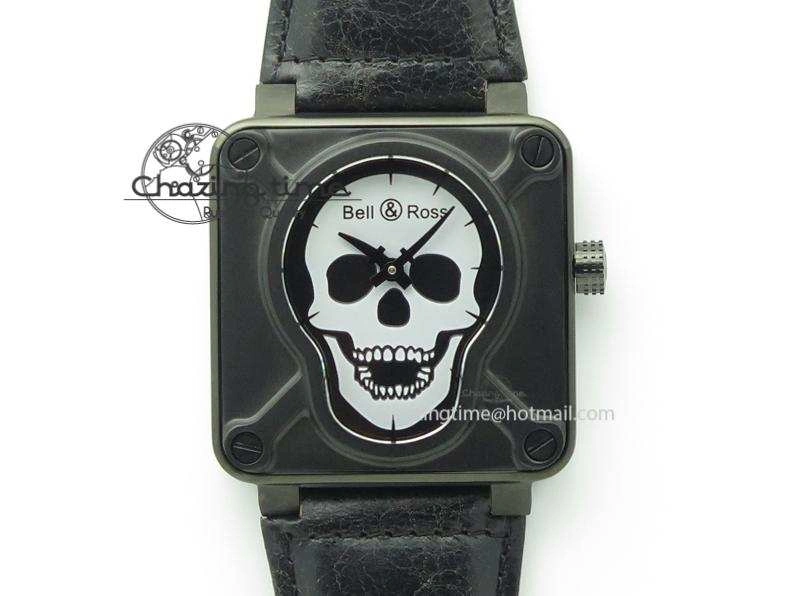 BR 01-92 Airborne Skull PVD Grey Dial On Black Leather Strap MIYOTA 9015 (Free Rubber Strap)