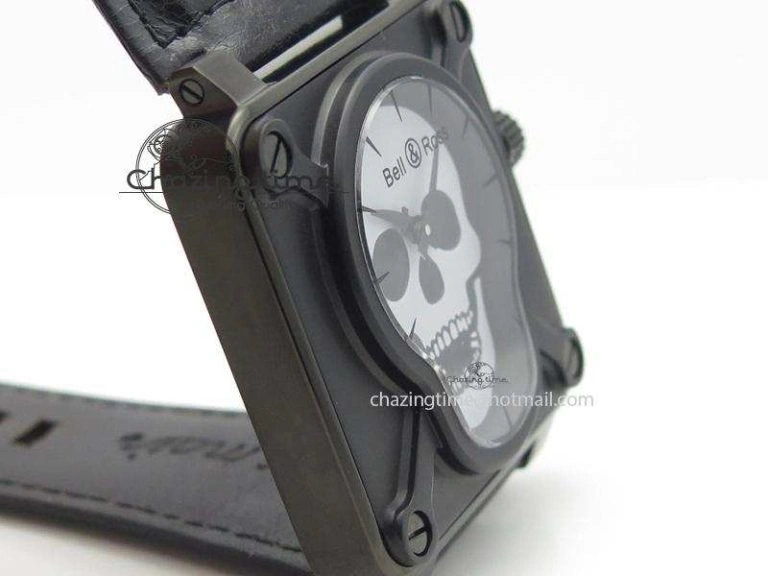 BR 01-92 Airborne Skull PVD Grey Dial On Black Leather Strap MIYOTA 9015 (Free Rubber Strap)