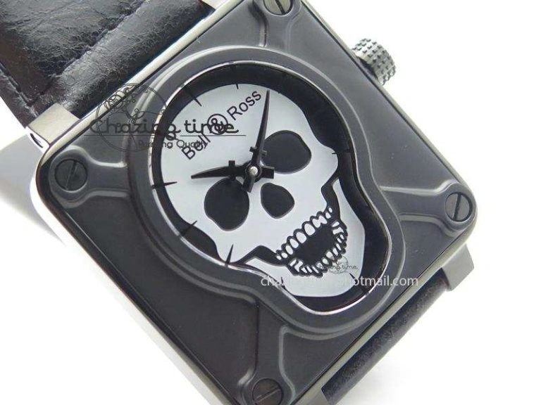 BR 01-92 Airborne Skull PVD Grey Dial On Black Leather Strap MIYOTA 9015 (Free Rubber Strap)