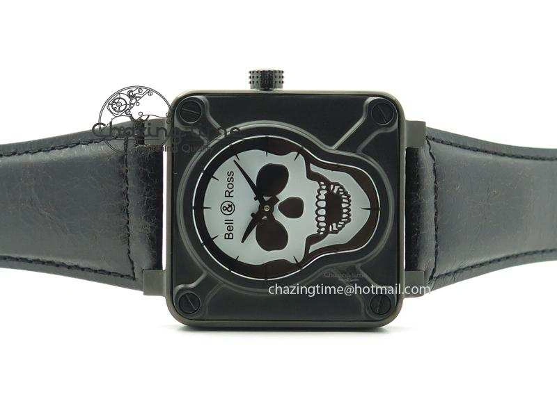 BR 01-92 Airborne Skull PVD Grey Dial On Black Leather Strap MIYOTA 9015 (Free Rubber Strap)