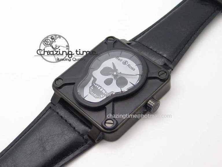 BR 01-92 Airborne Skull PVD Grey Dial On Black Leather Strap MIYOTA 9015 (Free Rubber Strap)