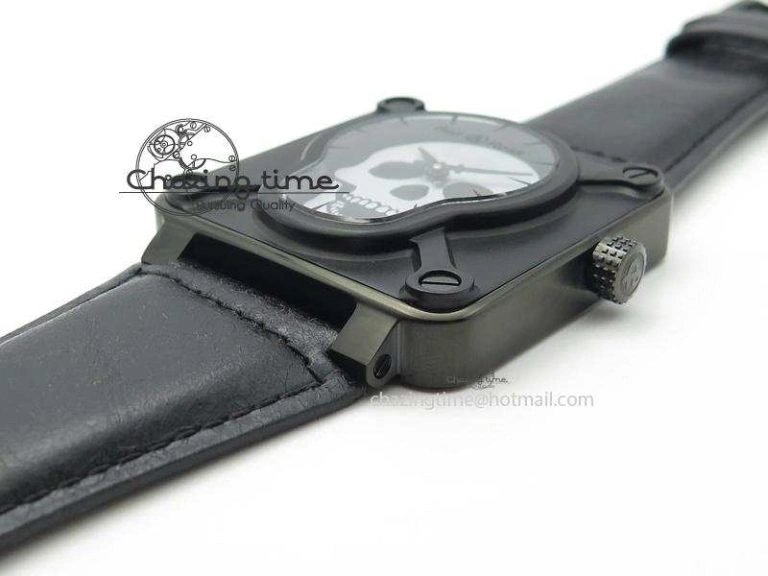 BR 01-92 Airborne Skull PVD Grey Dial On Black Leather Strap MIYOTA 9015 (Free Rubber Strap)