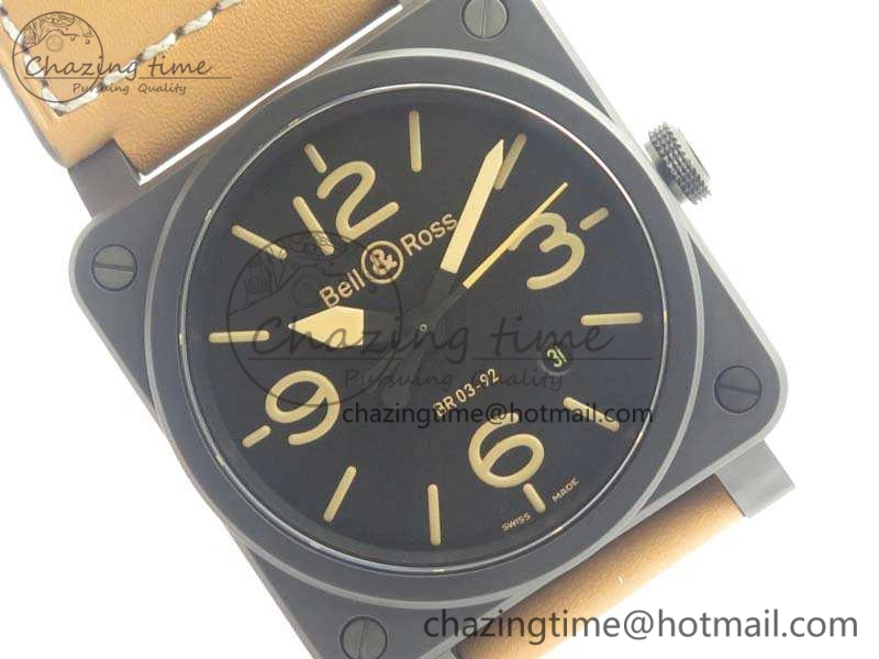BR 03-92 42.5mm Real Ceramic Case NII 1:1 Best Edition Black Dial On Leather Strap MIYOTA 9015