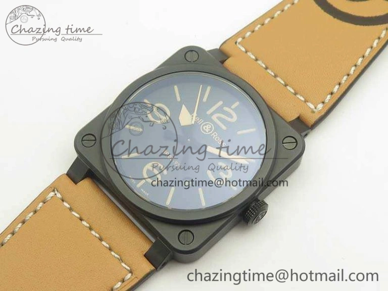 BR 03-92 42.5mm Real Ceramic Case NII 1:1 Best Edition Black Dial On Leather Strap MIYOTA 9015