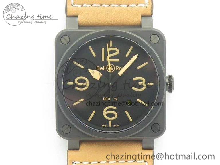 BR 03-92 42.5mm Real Ceramic Case NII 1:1 Best Edition Black Dial On Leather Strap MIYOTA 9015