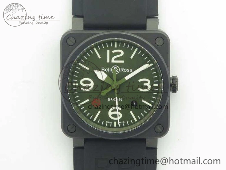 BR 03-92 42.5mm Real Ceramic Case NII 1:1 Best Edition Green Dial On Rubber Strap MIYOTA 9015
