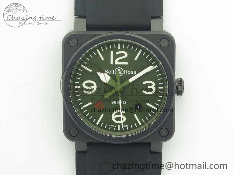 BR 03-92 42.5mm Real Ceramic Case NII 1:1 Best Edition Green Dial On Rubber Strap MIYOTA 9015