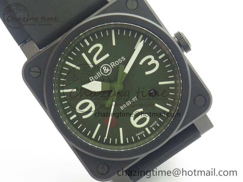 BR 03-92 42.5mm Real Ceramic Case NII 1:1 Best Edition Green Dial On Rubber Strap MIYOTA 9015