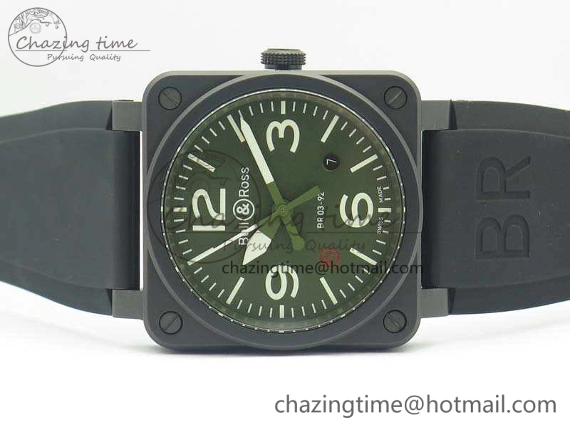 BR 03-92 42.5mm Real Ceramic Case NII 1:1 Best Edition Green Dial On Rubber Strap MIYOTA 9015
