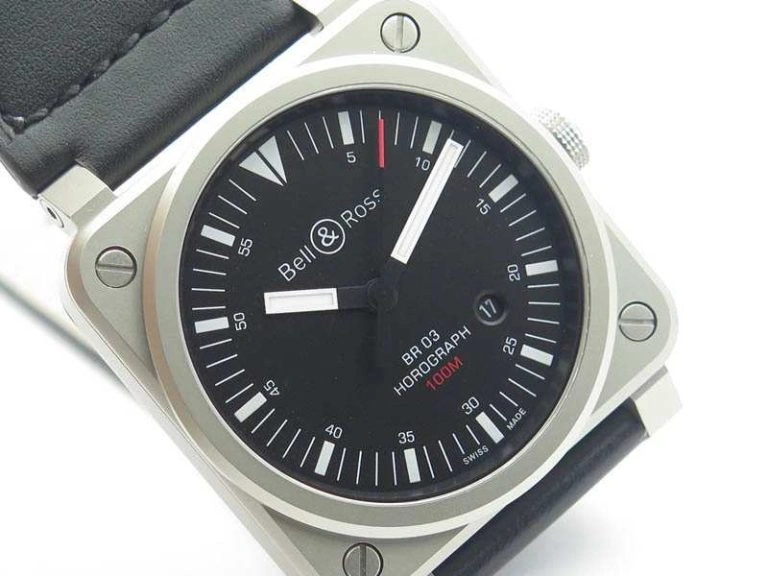 BR 03-92 Horograph Satin-Polished Steel Black Dial On Leather Strap MIYOTA 9015 (Free Nylon Strap)