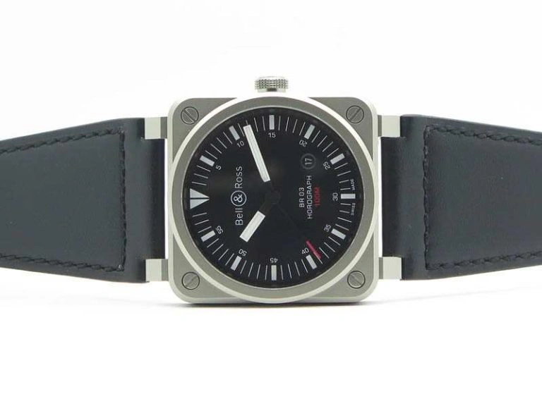 BR 03-92 Horograph Satin-Polished Steel Black Dial On Leather Strap MIYOTA 9015 (Free Nylon Strap)