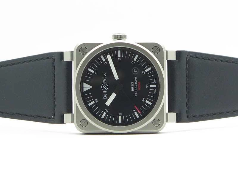 BR 03-92 Horograph Satin-Polished Steel Black Dial On Leather Strap MIYOTA 9015 (Free Nylon Strap)