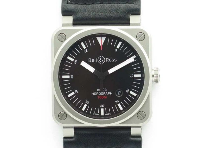 BR 03-92 Horograph Satin-Polished Steel Black Dial On Leather Strap MIYOTA 9015 (Free Nylon Strap)