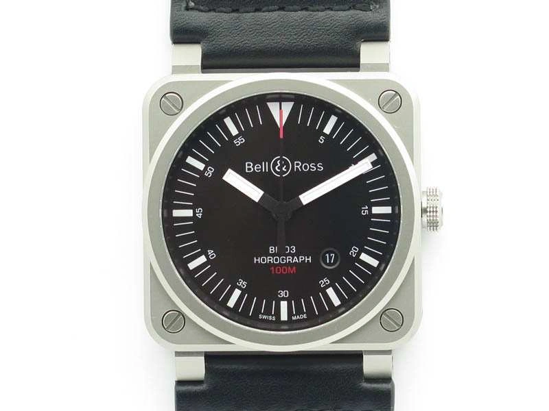 BR 03-92 Horograph Satin-Polished Steel Black Dial On Leather Strap MIYOTA 9015 (Free Nylon Strap)